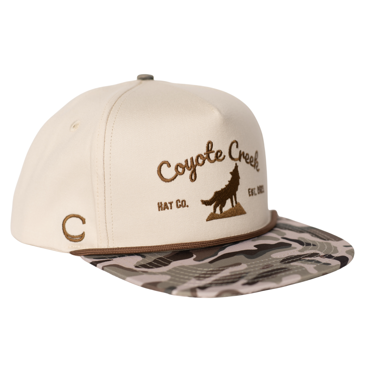 Coyote Creek Hat Co. Howler Snapback — Camo Hunting Flat Brim Structured Hat Side View