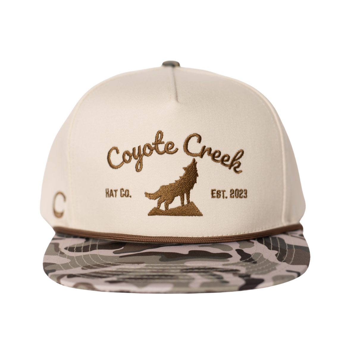 Coyote Creek Hat Co. Howler Snapback — Camo Hunting Flat Brim Structured Hat Front View