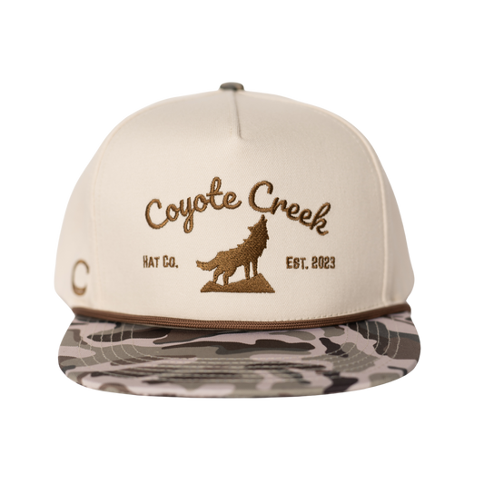 Coyote Creek Hat Co. Howler Snapback — Camo Hunting Flat Brim Structured Hat Front View