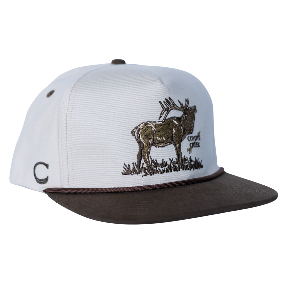Coyote Creek Hat Co. Wapiti Rope Snapback — Elk Embroidered Flat Brim Structured Hat Side View